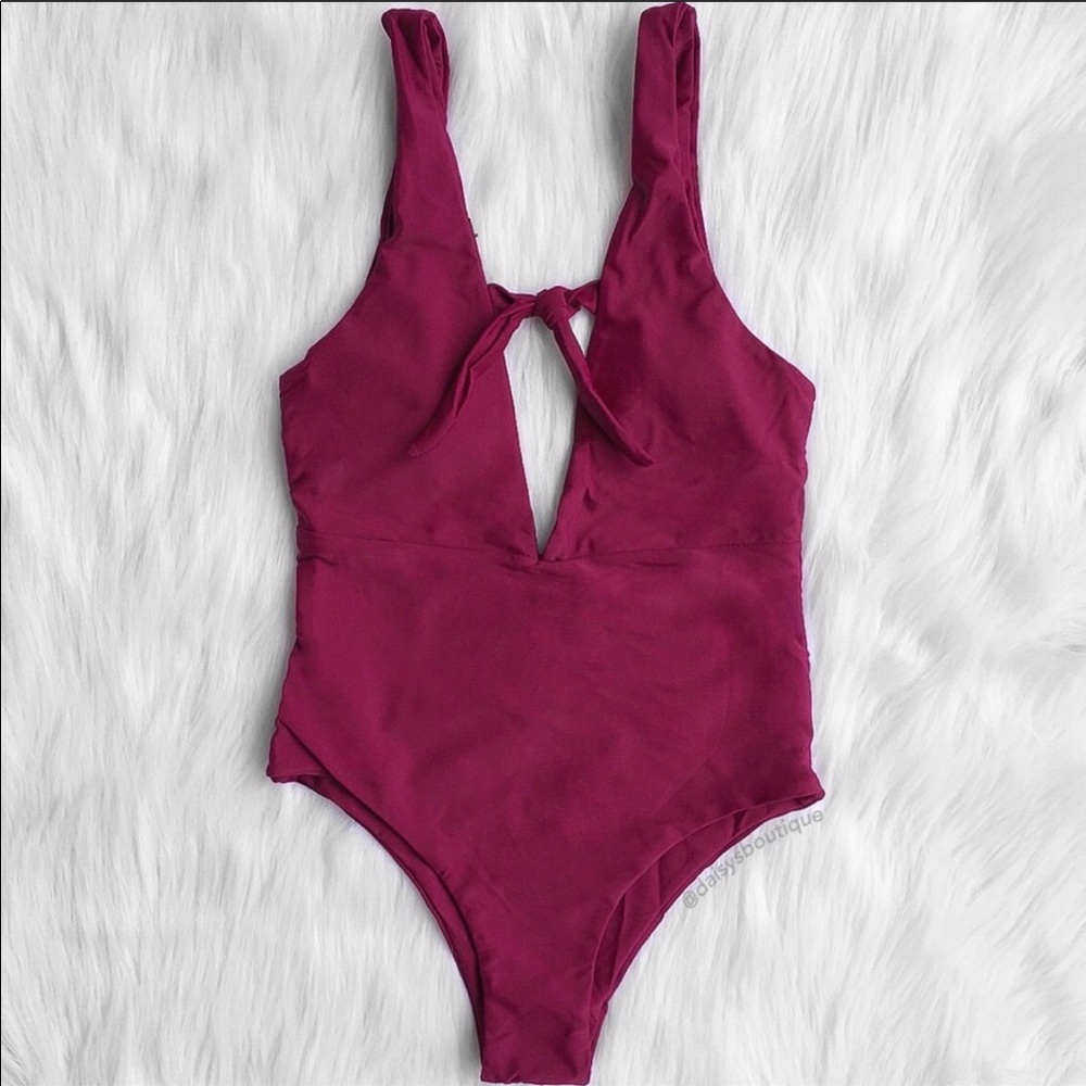 maroon plunge tie one piece swimsuit